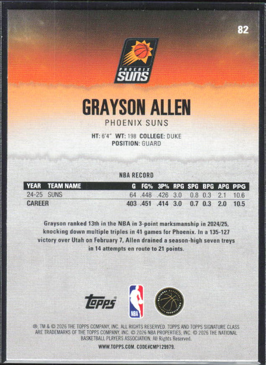 2025-26 Topps Signature Class #82 Grayson Allen - baksida