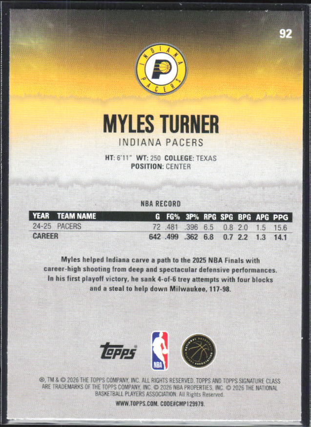 2025-26 Topps Signature Class #92 Myles Turner - baksida