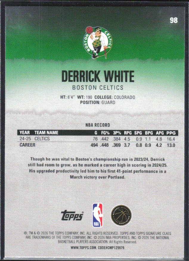 2025-26 Topps Signature Class #98 Derrick White - baksida