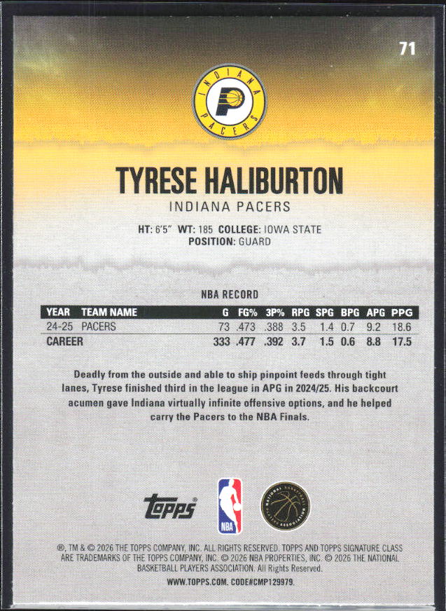 2025-26 Topps Signature Class #71 Tyrese Haliburton - baksida