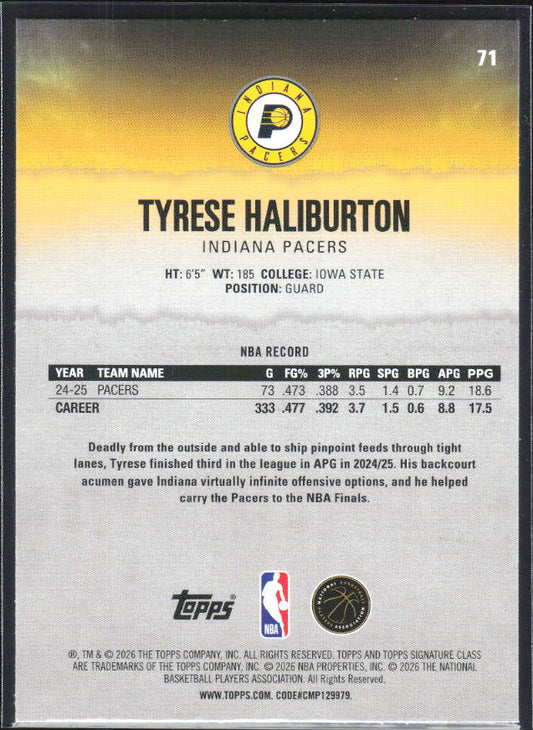 2025-26 Topps Signature Class #71 Tyrese Haliburton - baksida
