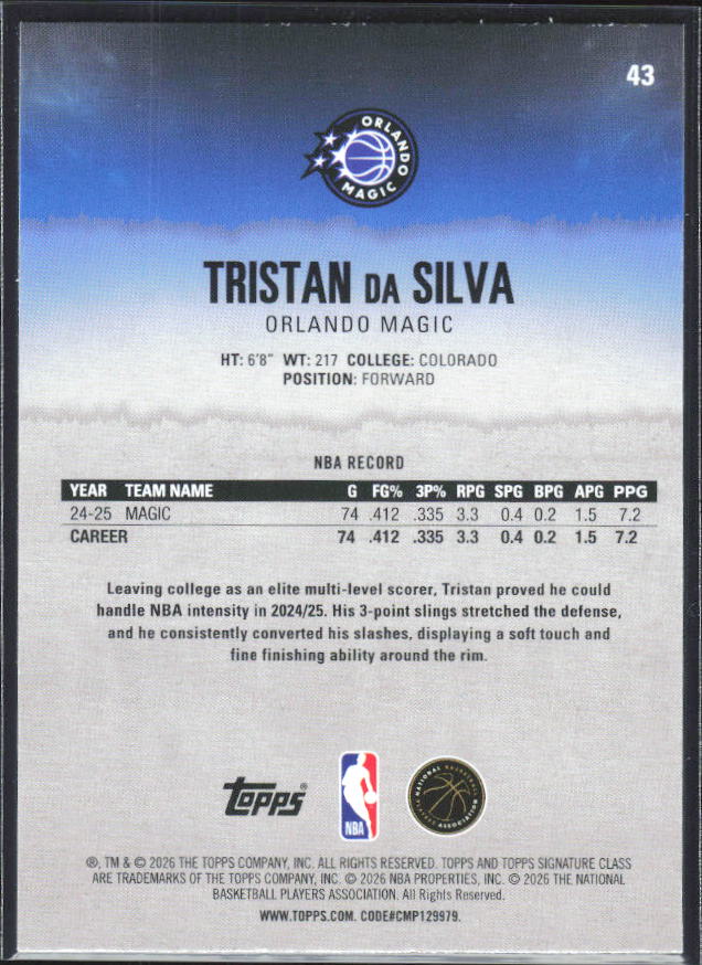 2025-26 Topps Signature Class #43 Tristan da Silva - baksida