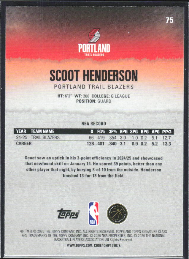 2025-26 Topps Signature Class #75 Scoot Henderson - baksida