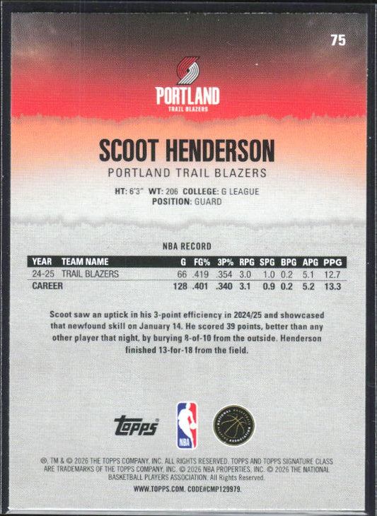 2025-26 Topps Signature Class #75 Scoot Henderson - baksida