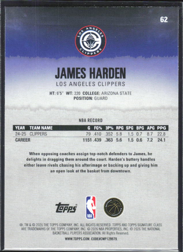 2025-26 Topps Signature Class #62 James Harden - baksida
