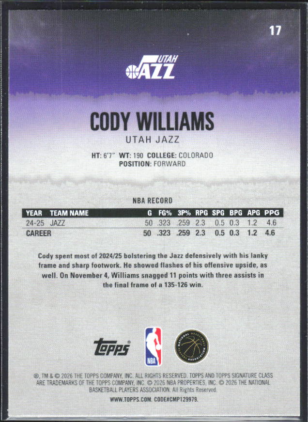 2025-26 Topps Signature Class #17 Cody Williams - baksida