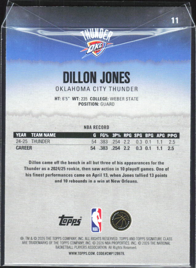 2025-26 Topps Signature Class #11 Dillon Jones - baksida