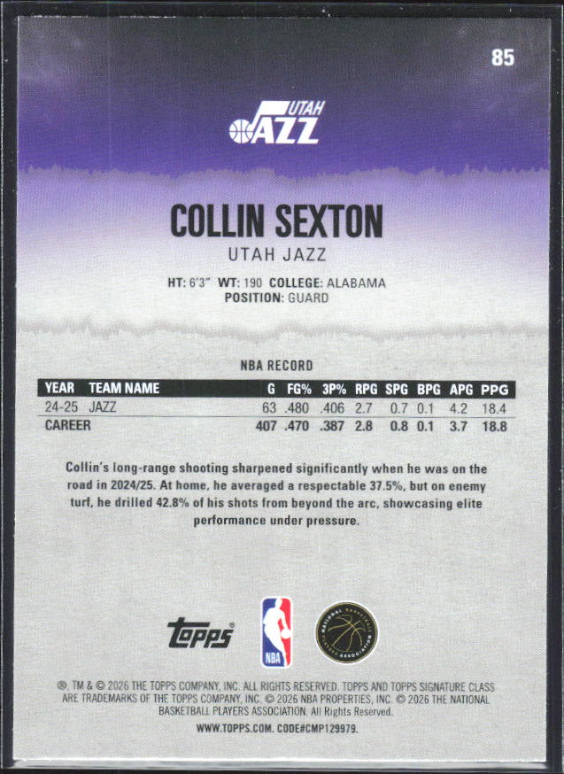 2025-26 Topps Signature Class #85 Collin Sexton - baksida