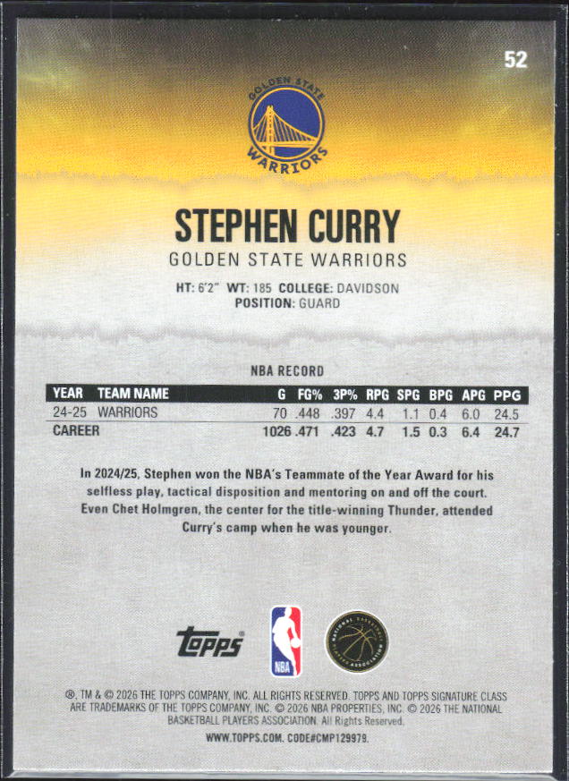 2025-26 Topps Signature Class #52 Stephen Curry - baksida