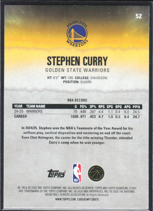 2025-26 Topps Signature Class #52 Stephen Curry - baksida