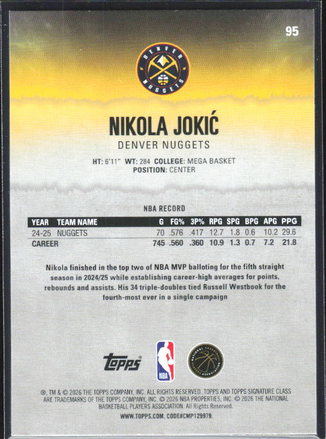2025-26 Topps Signature Class #95 Nikola Jokić - baksida