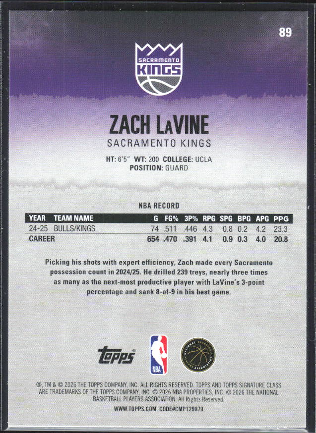 2025-26 Topps Signature Class #89 Zach LaVine - baksida