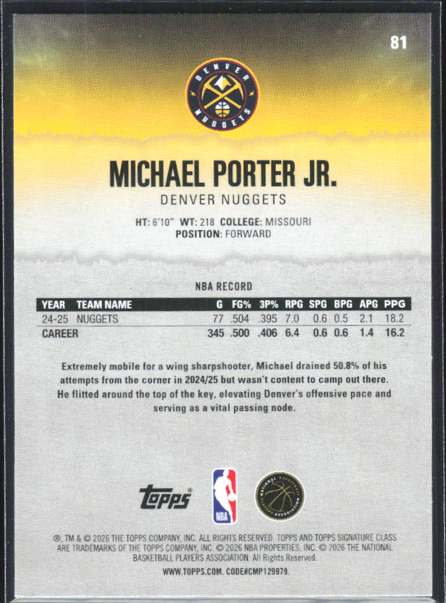 2025-26 Topps Signature Class #81 Michael Porter Jr. - baksida