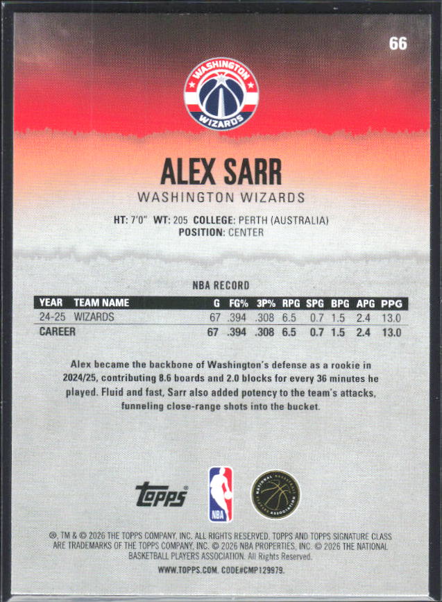 2025-26 Topps Signature Class #66 Alex Sarr - baksida