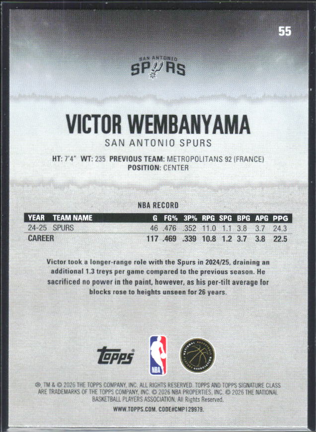 2025-26 Topps Signature Class #55 Victor Wembanyama - baksida