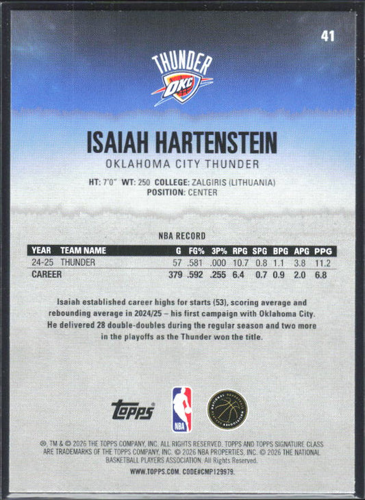 2025-26 Topps Signature Class #41 Isaiah Hartenstein - baksida