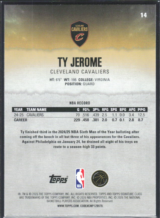 2025-26 Topps Signature Class #14 Ty Jerome - baksida