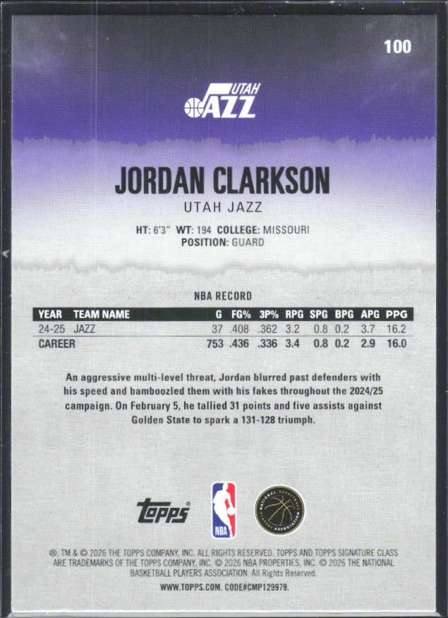 2025-26 Topps Signature Class #100 Jordan Clarkson - baksida