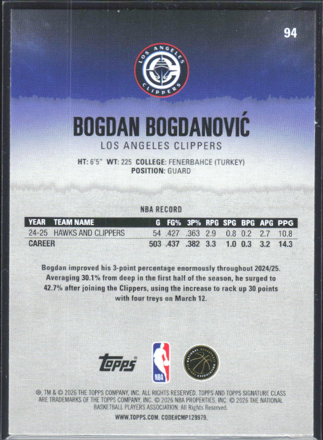 2025-26 Topps Signature Class #94 Bogdan Bogdanović - baksida