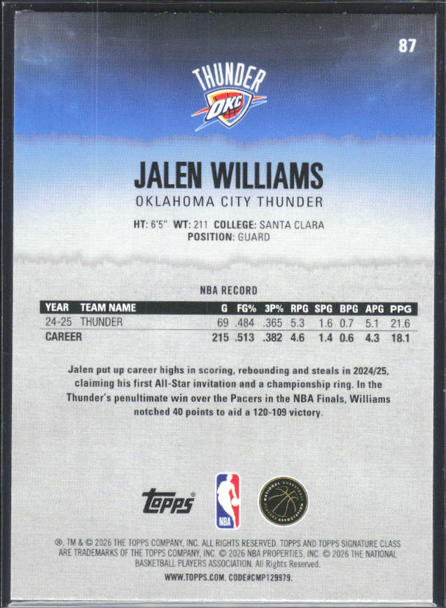 2025-26 Topps Signature Class #87 Jalen Williams - baksida