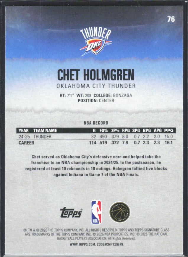 2025-26 Topps Signature Class #76 Chet Holmgren - baksida