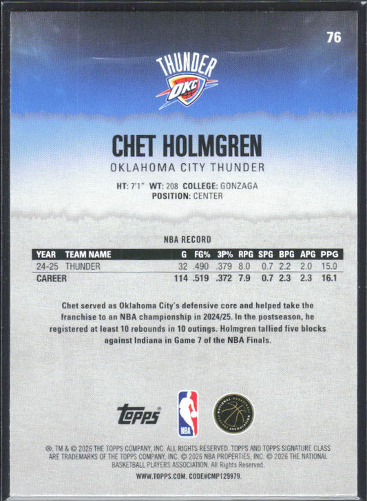2025-26 Topps Signature Class #76 Chet Holmgren - baksida