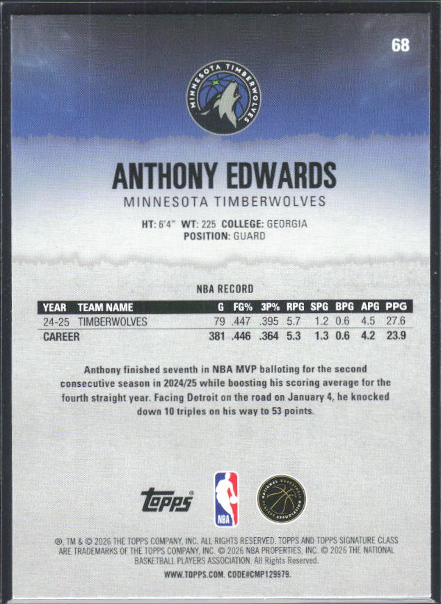 2025-26 Topps Signature Class #68 Anthony Edwards - baksida
