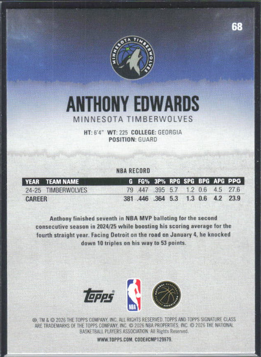 2025-26 Topps Signature Class #68 Anthony Edwards - baksida