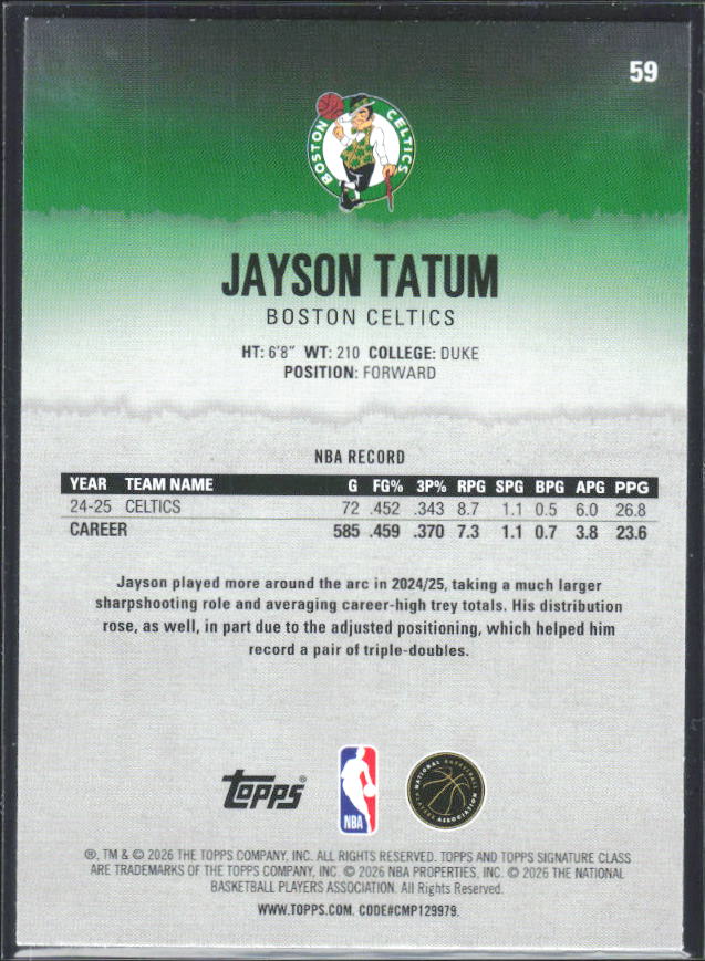 2025-26 Topps Signature Class #59 Jayson Tatum - baksida