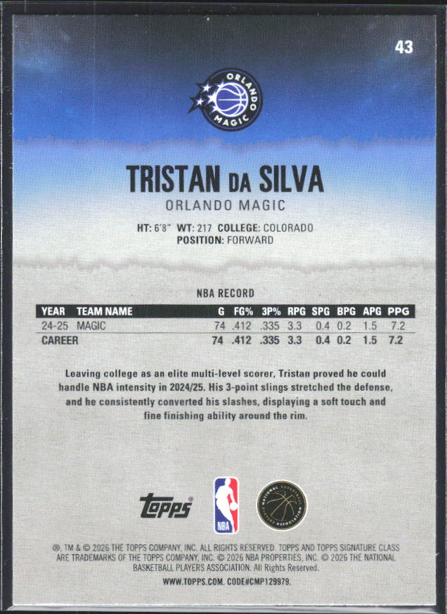 2025-26 Topps Signature Class #43 Tristan da Silva - baksida