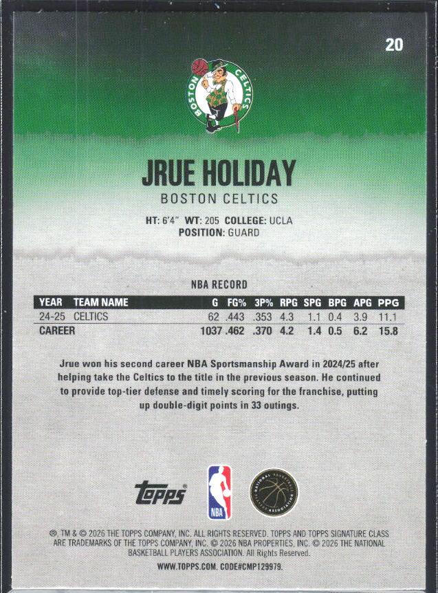 2025-26 Topps Signature Class #20 Jrue Holiday - baksida
