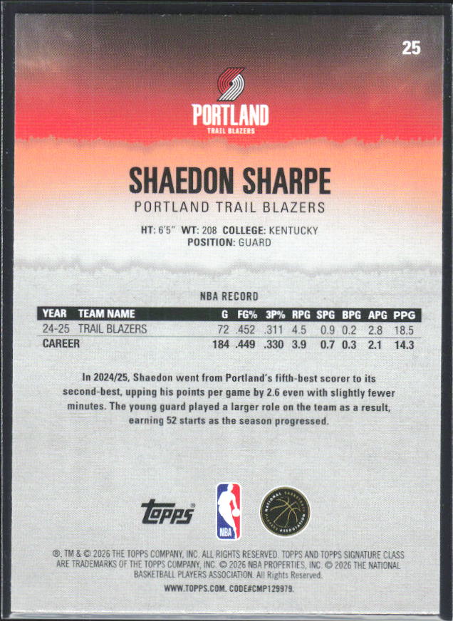 2025-26 Topps Signature Class #25 Shaedon Sharpe - baksida