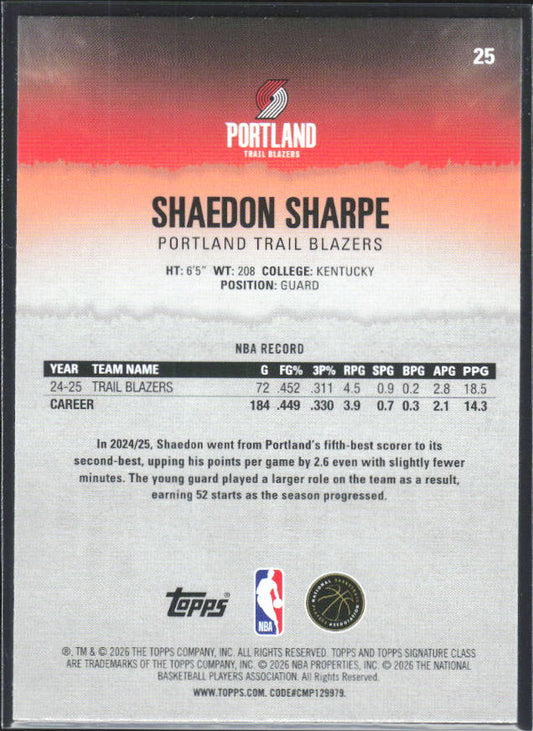 2025-26 Topps Signature Class #25 Shaedon Sharpe - baksida