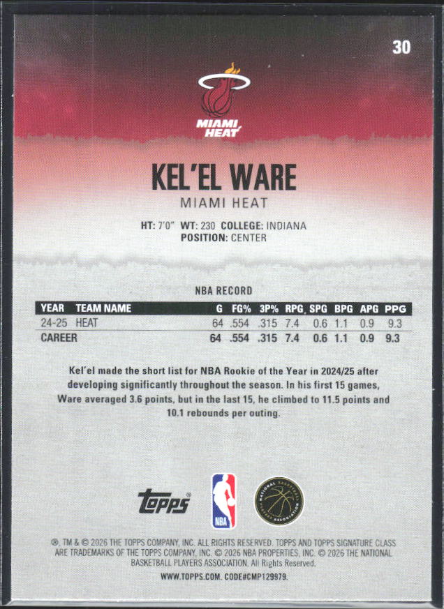 2025-26 Topps Signature Class #30 Kel'el Ware - baksida