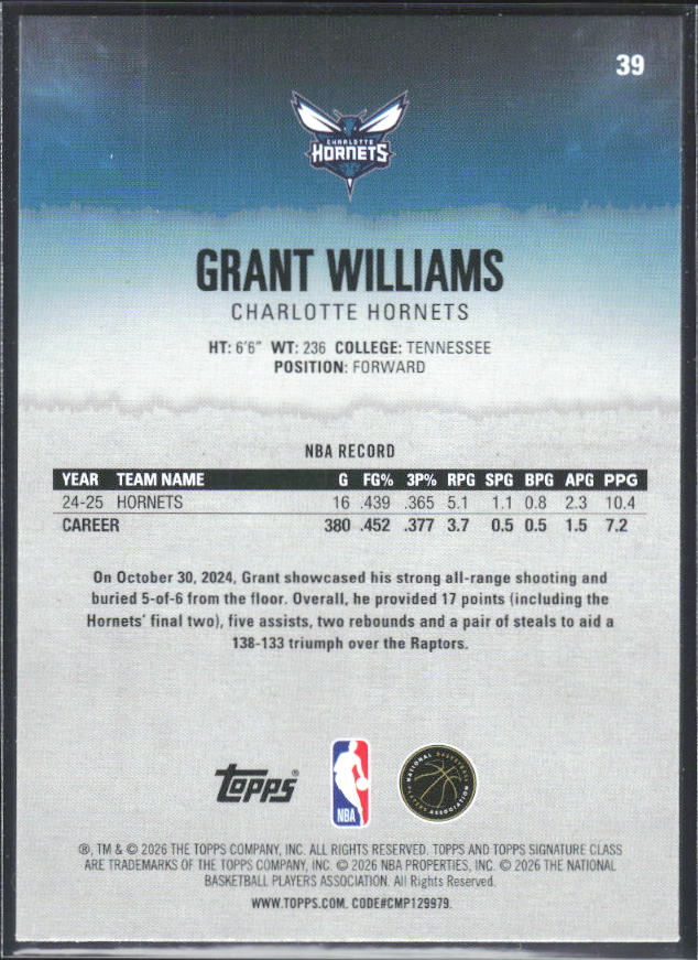 2025-26 Topps Signature Class #39 Grant Williams - baksida