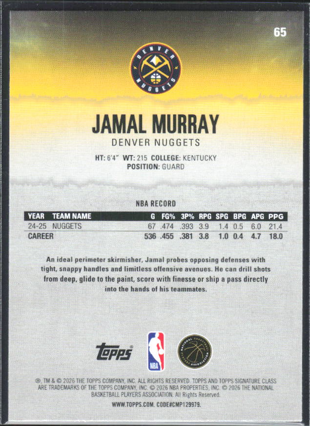 2025-26 Topps Signature Class #65 Jamal Murray - baksida