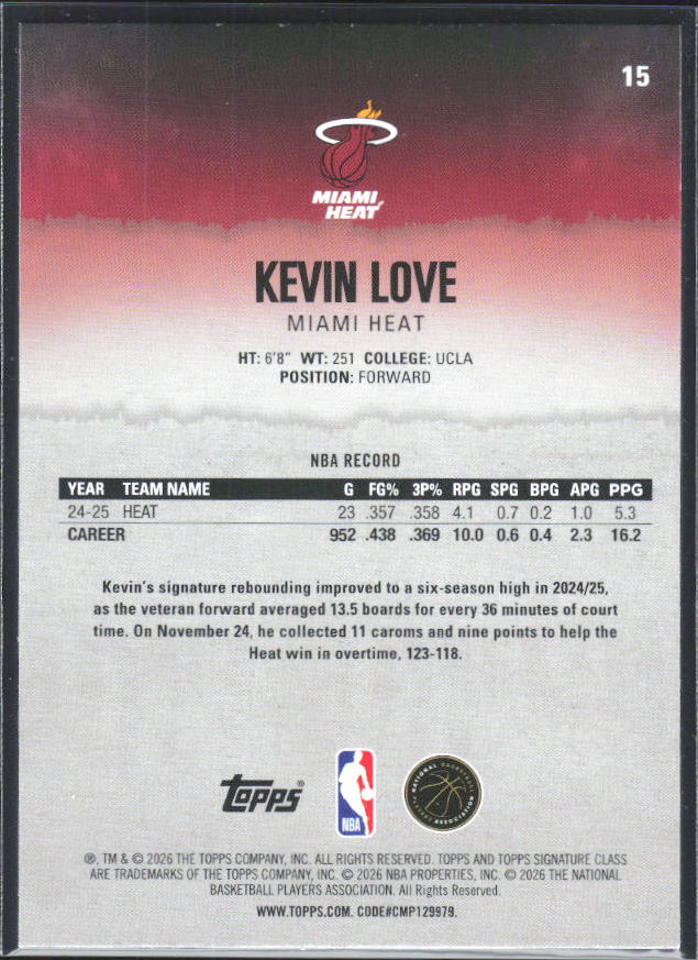 2025-26 Topps Signature Class #15 Kevin Love - baksida