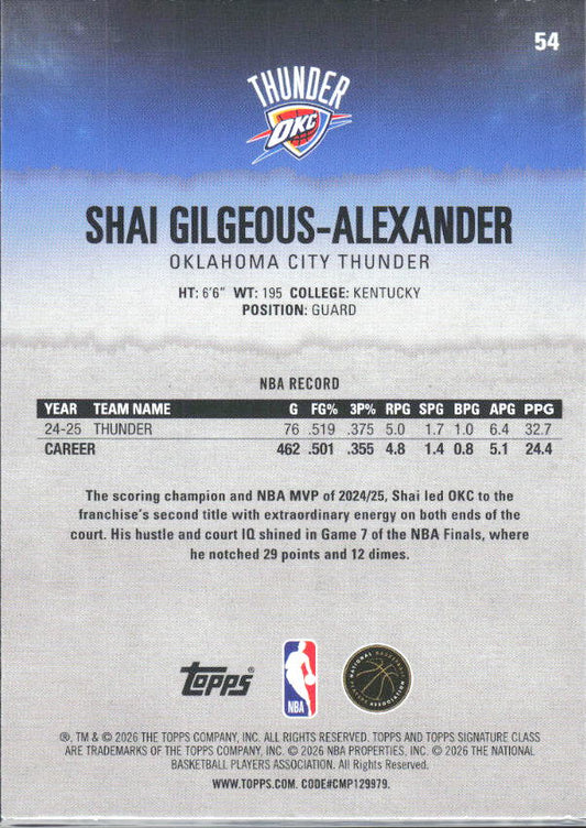 2025-26 Topps Signature Class #54 Shai Gilgeous-Alexander - baksida