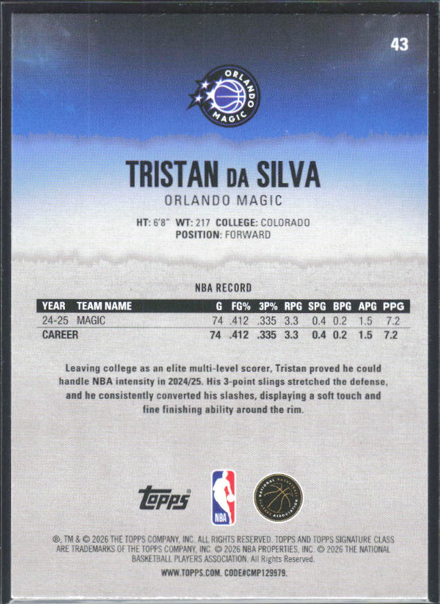 2025-26 Topps Signature Class #43 Tristan da Silva - baksida