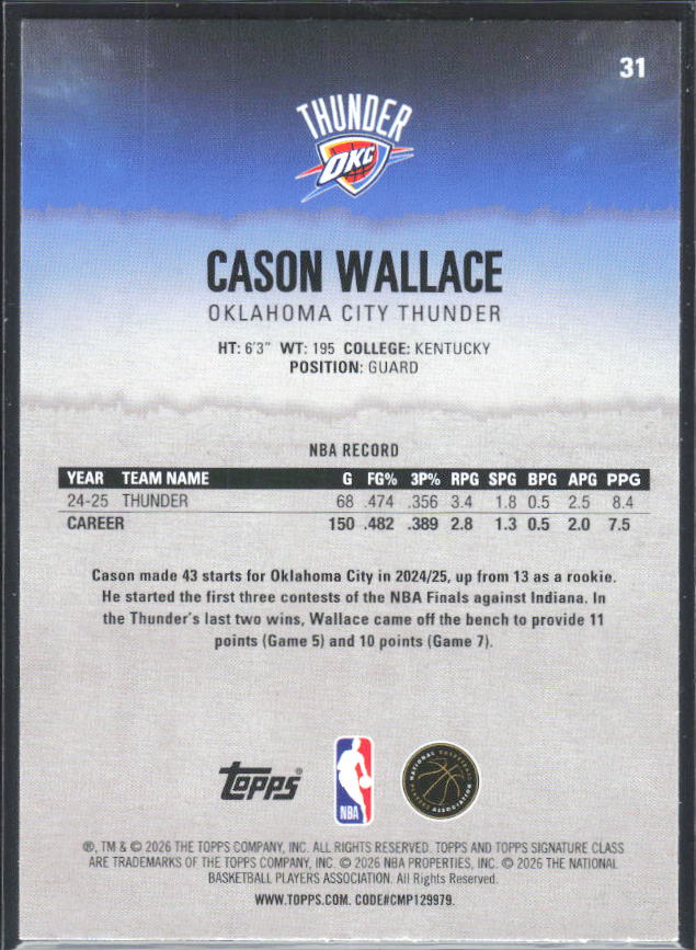 2025-26 Topps Signature Class #31 Cason Wallace - baksida