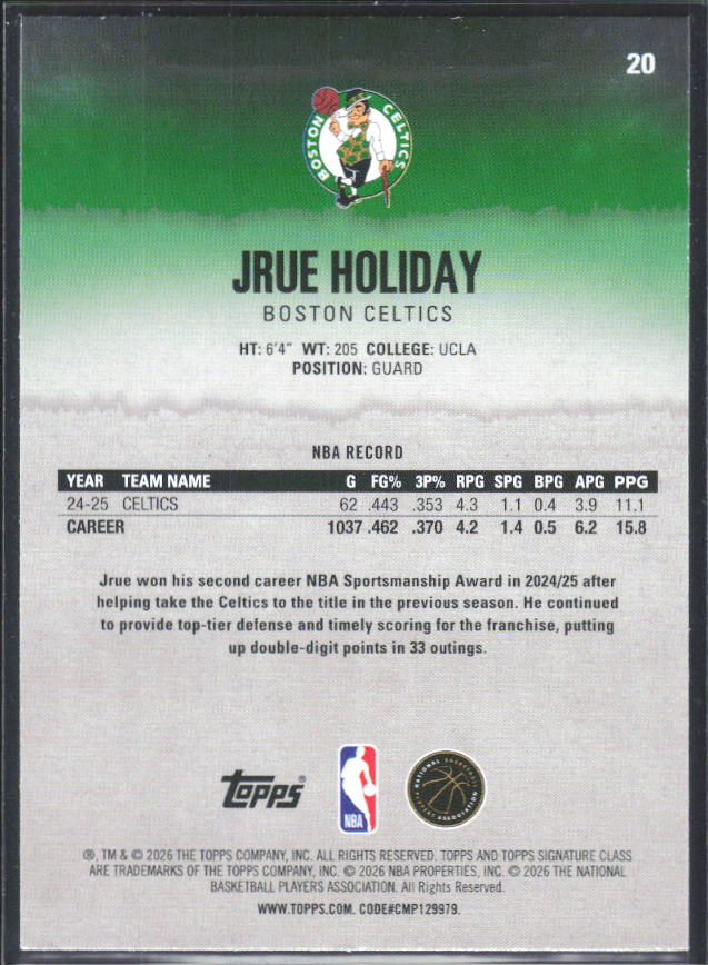 2025-26 Topps Signature Class #20 Jrue Holiday - baksida