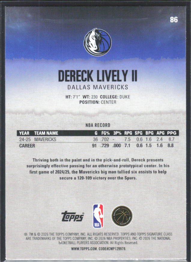 2025-26 Topps Signature Class #86 Dereck Lively II - baksida