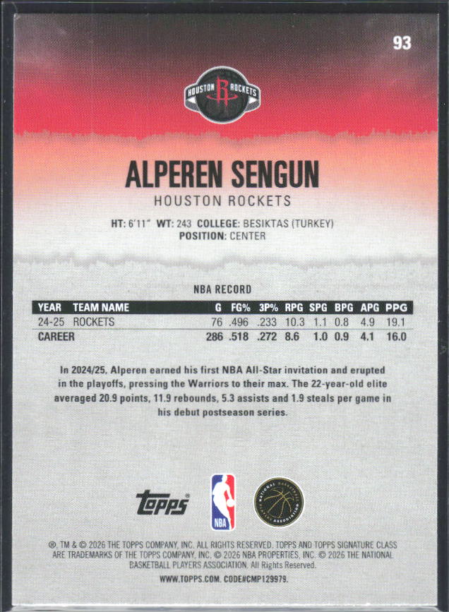 2025-26 Topps Signature Class #93 Alperen Sengun - baksida