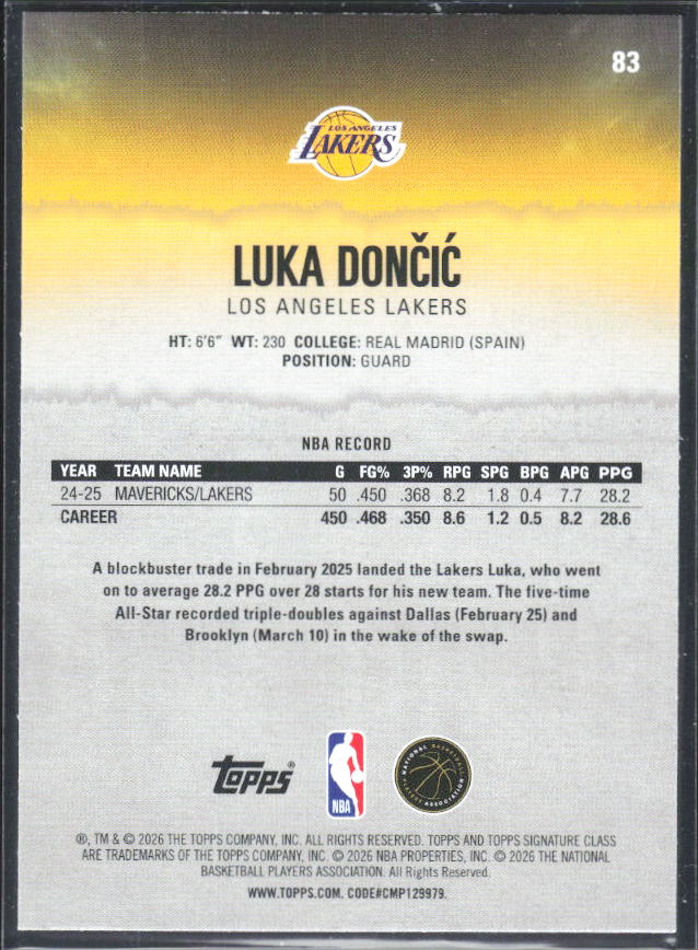 2025-26 Topps Signature Class #83 Luka Dončić - baksida