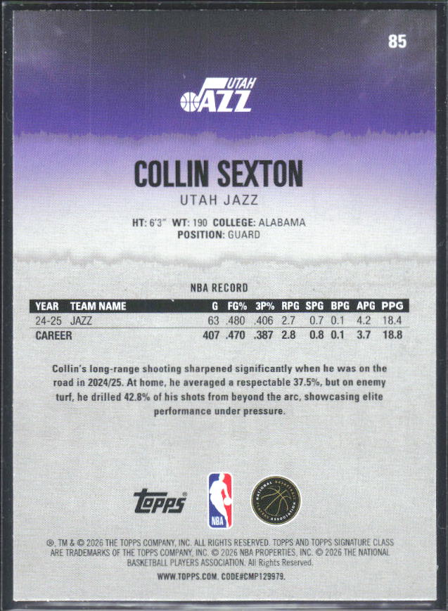 2025-26 Topps Signature Class #85 Collin Sexton - baksida