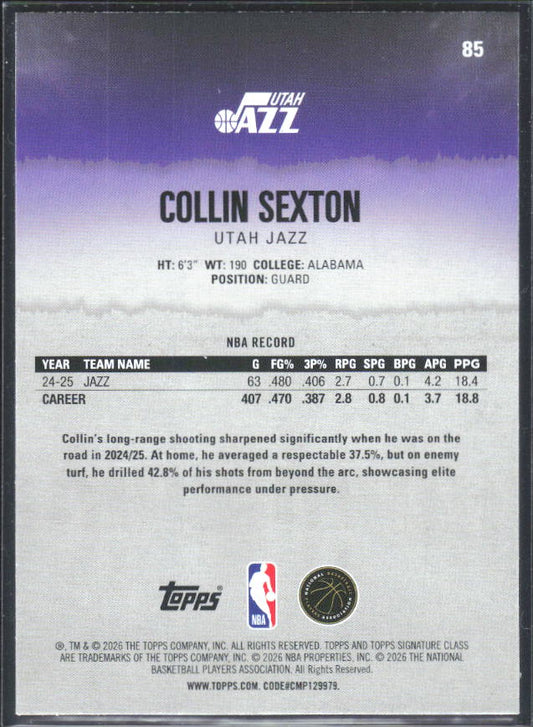 2025-26 Topps Signature Class #85 Collin Sexton - baksida