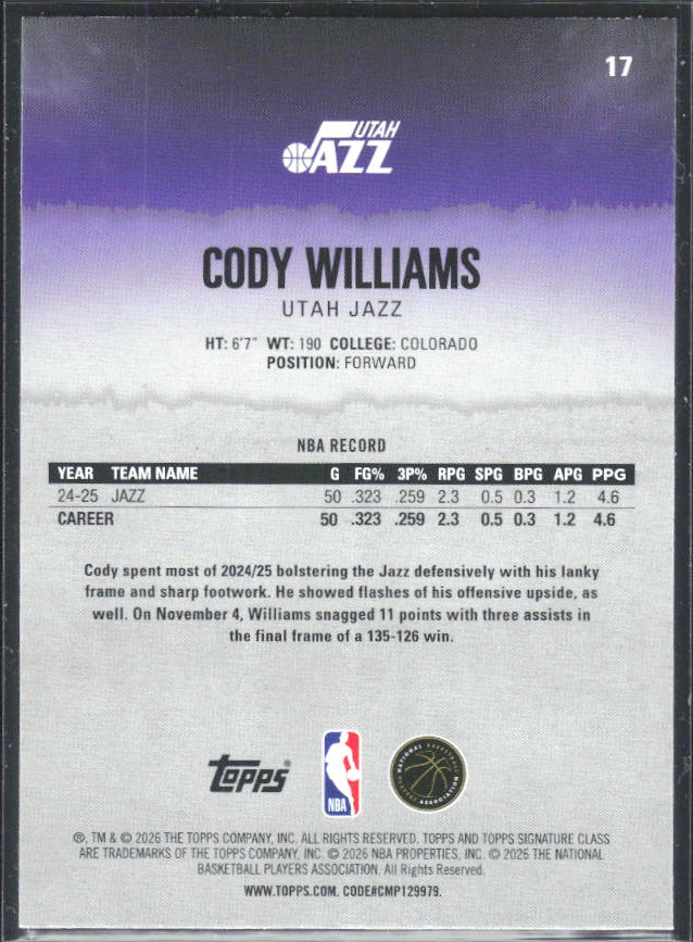 2025-26 Topps Signature Class #17 Cody Williams - baksida