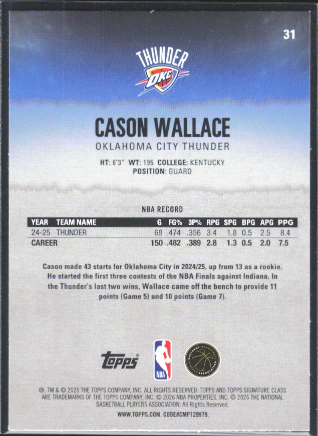 2025-26 Topps Signature Class #31 Cason Wallace - baksida
