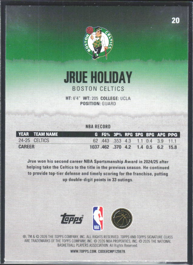 2025-26 Topps Signature Class #20 Jrue Holiday - baksida