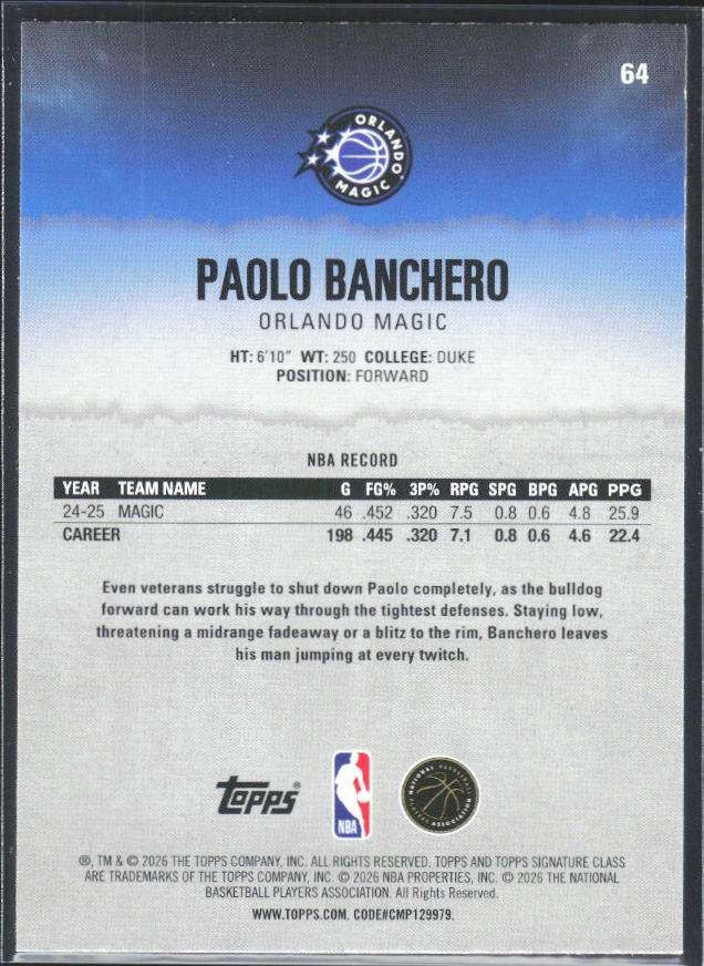 2025-26 Topps Signature Class #64 Paolo Banchero - baksida